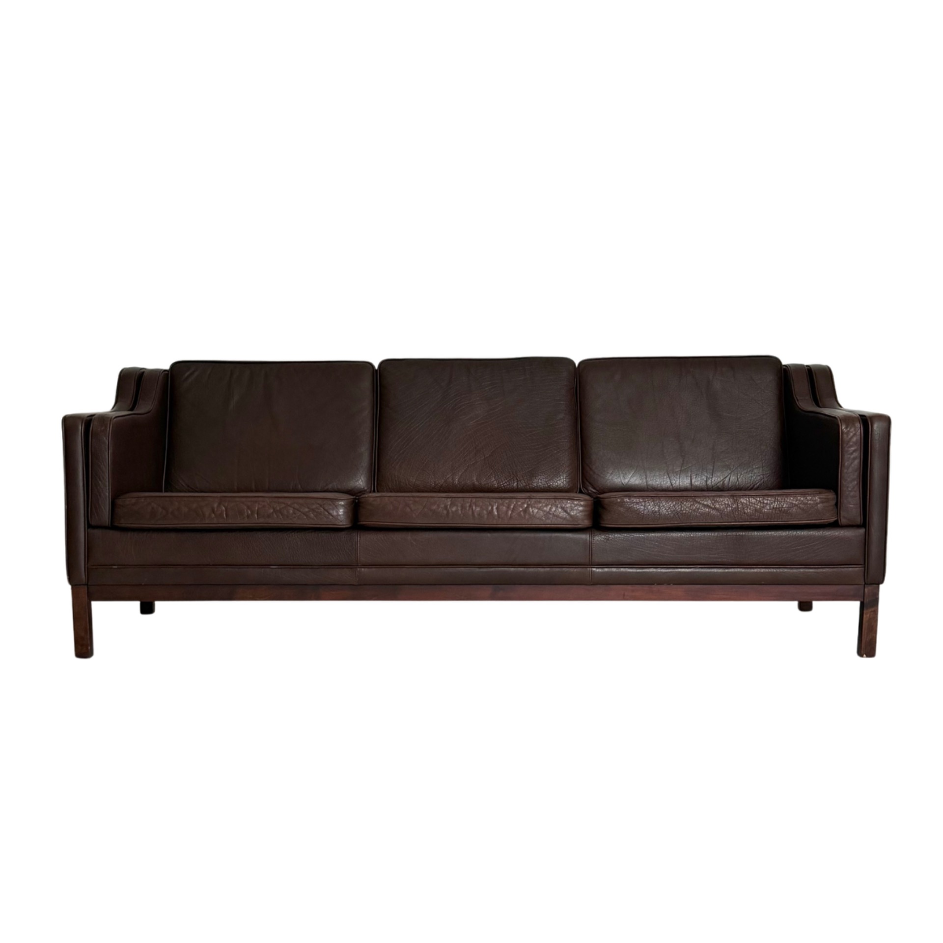 Mogens Hansen vintage Danish three-seater leather sofa in patinated brown leather, Scandinavian mid-century modern design from the 1960s