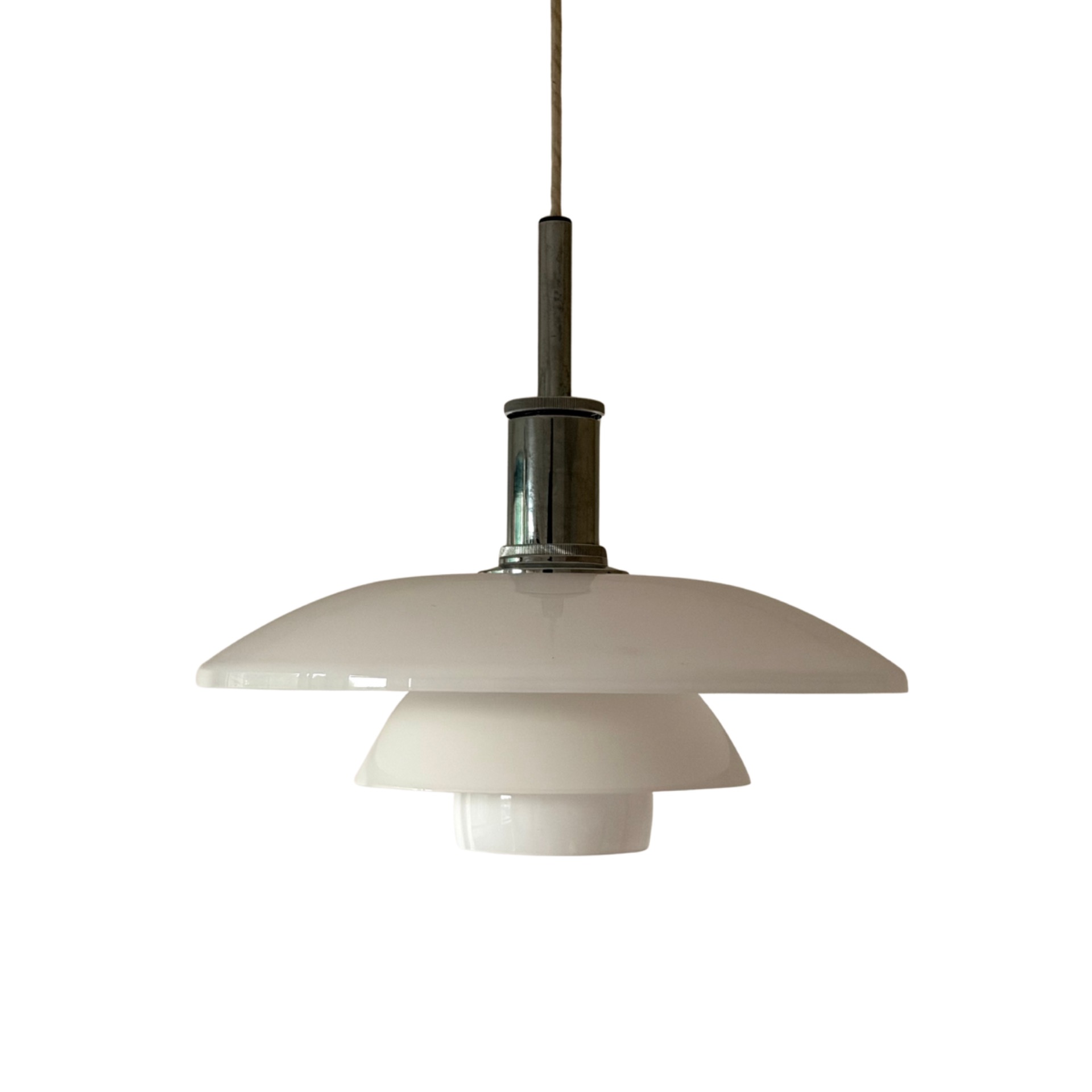 Louis Poulsen PH 4½-4 pendant lamp by Poul Henningsen with hand-blown opal glass shades, Danish Scandinavian design